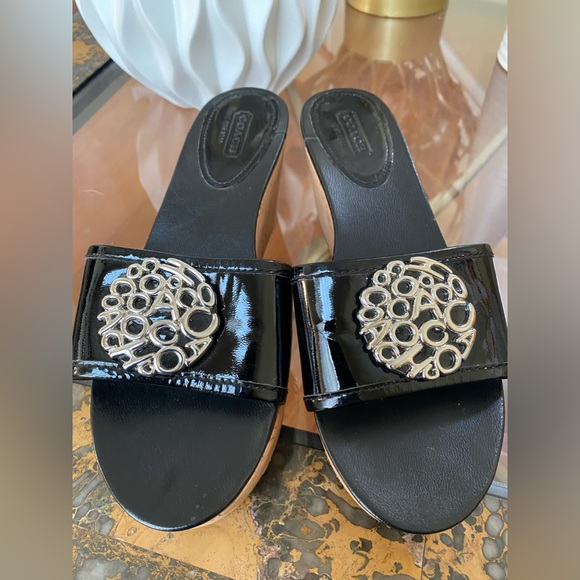 Coach JUDITH NWOT 🚨Black Patent Leather Cork Wedge Platform Slides Size 7 - Picture 10 of 15